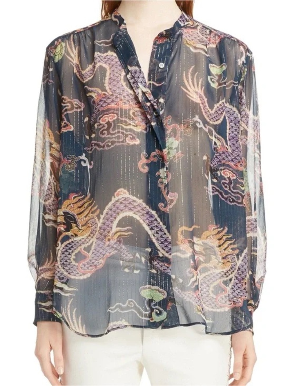 Isabel Marant Navy Sheer Dragon-Print Silk Blouse